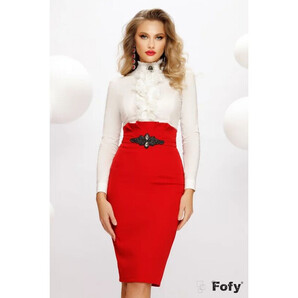 Fusta Fofy eleganta rosie cu accesoriu pretios si pliuri in talie