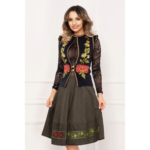 Fusta Venezia traditionala kaki din lana in clos cu motive florale brodate