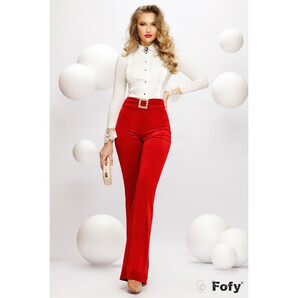 Pantaloni dama eleganti Fofy rosii din catifea cu catarama cu cristale