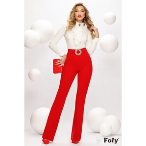 Pantaloni eleganti rosii Fofy evazati cu catarama cu cristale