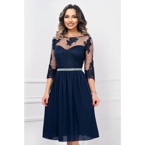 Rochie de ocazie InPuff bleumarin in clos cu broderie aplicata si strassuri in talie