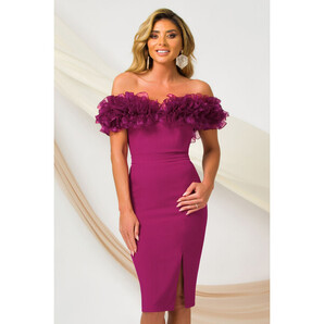 Rochie de ocazie Pretty Girl eleganta magenta cu umeri goi si volane