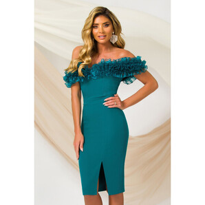 Rochie de ocazie Pretty Girl eleganta turquoise cu umeri goi si volane