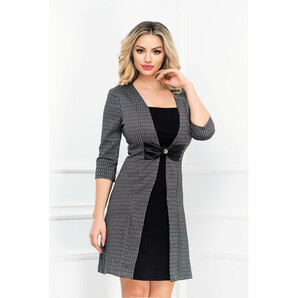 Rochie de zi gri cu funda din piele ecologica si insertii cu fir irizant