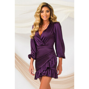 Rochie eleganta Pretty Girl violet asimetrica din satin cu bust petrecut