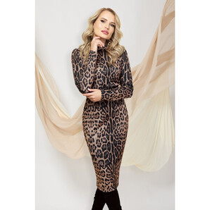 Rochie Pretty Girl cambrata maro din tricot cu imprimeu leopard