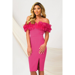 Rochie Pretty Girl de ocazie fucsia eleganta cu umeri goi si volane