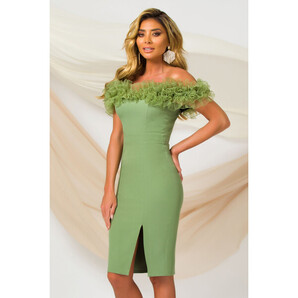 Rochie Pretty Girl de ocazie olive eleganta cu umeri goi si volane