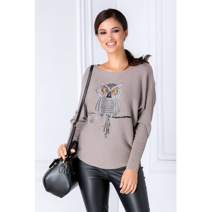 Bluza bej cu bufnita din strasuri