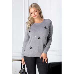 Bluza Swan gri cu lebede din paiete si perlute