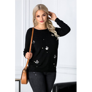 Bluza Swan neagra cu lebede din paiete si perlute