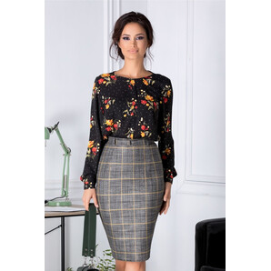 Fusta Ella conica gri cu carouri galbene