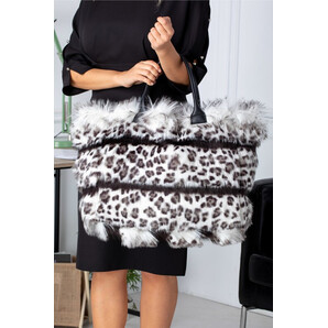 Geanta Kitty maxi cu insertii dungi negre si animal print gri leopard