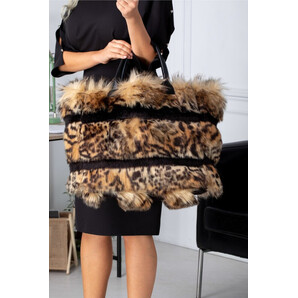 Geanta Kitty maxi cu insertii dungi negre si animal print maro leopard