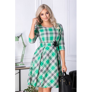 Rochie Aniela verde cu carouri si floare in talie