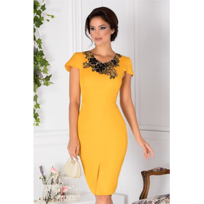 Rochie Astrid midi galbena cu broderie din paiete