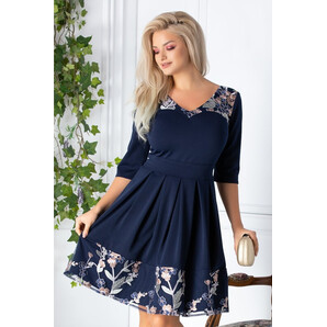 Rochie Bella bleumarin cu broderie bej