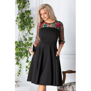 Rochie Kamy neagra cu maneci din tull si broderie rosie