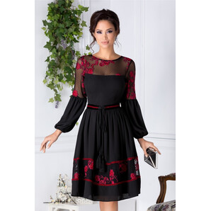 Rochie LaDonna neagra cu insertii florale mov-corai