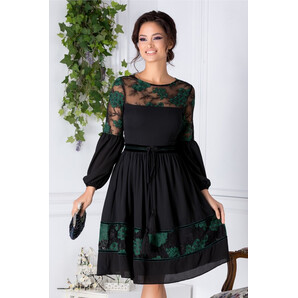 Rochie LaDonna neagra vaporoasa cu insertii florale verzi