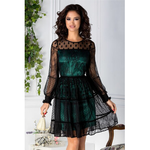 Rochie LaDonna verde din tull negru cu insertii florale si buline