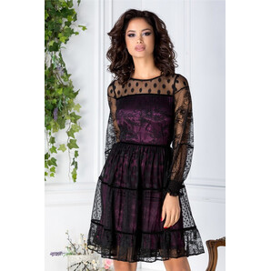 Rochie LaDonna violet din tull negru cu insertii florale si buline