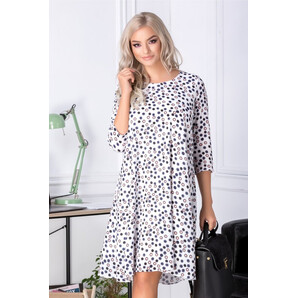 Rochie Mari evazata alba cu buline bleumarin si roz