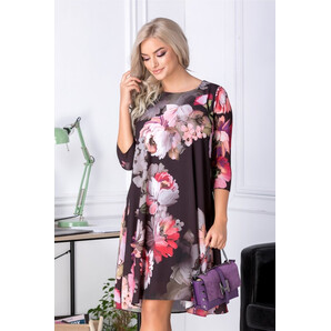 Rochie Mari evazata neagra cu flori mari roz