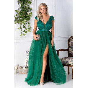 Rochie Michelle lunga verde deschis cu broderie la bust