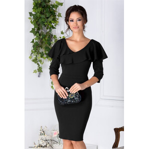 Rochie Mona conica neagra cu volan la umeri si decolteu