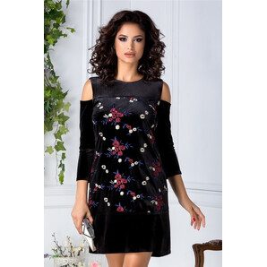 Rochie Moze din catifea neagra cu broderie florala