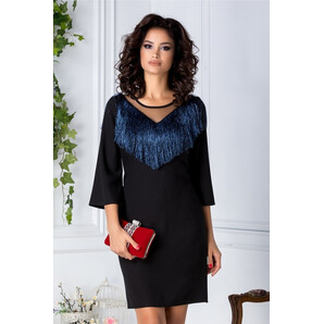 Rochie Moze neagra cu franjuri albastrii la decolteu