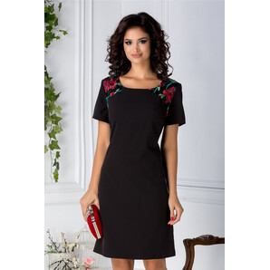 Rochie Naty neagra evazata cu detalii florale