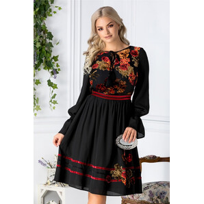 Rochie Paty neagra cu motive florale catifelate bordo