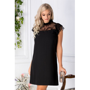 Rochie Sophie neagra cu dantela la bust si maneci