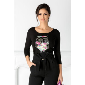 Bluza Owly neagra cu strasuri si imprimeu in forma de bufnita