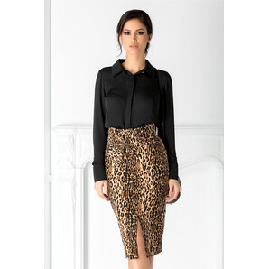 Fusta conica maro cu animal print si curea maxi in talie
