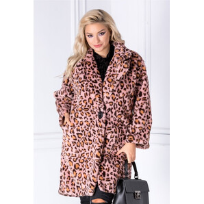 Palton roz cu animal print din blana ecologica