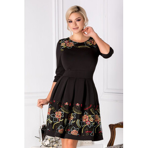 Rochie Angy neagra cu broderie galbena si maneci trei sferturi