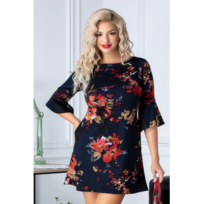 Rochie Bella bleumarin cu imprimeu floral rosu