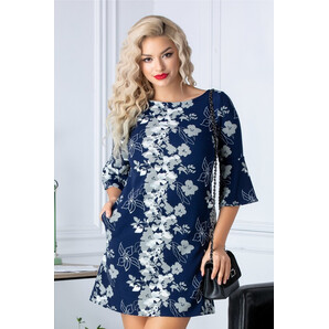 Rochie Bella bleumarin cu imprimeu floral si maneci clopot