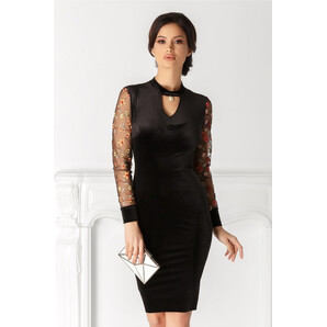 Rochie Cindy neagra din catifea cu broderie la maneci