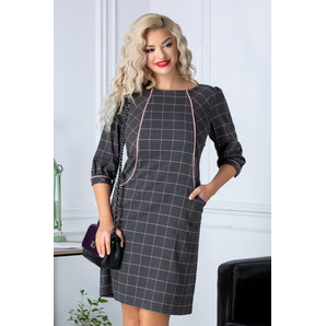 Rochie Daniela office gri cu carouri si buzunare