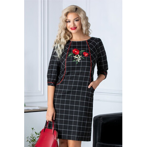 Rochie Daniela office neagra cu carouri si broderie la bust