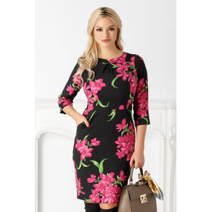 Rochie Emilia neagra cu imprimeuri florale fucsia