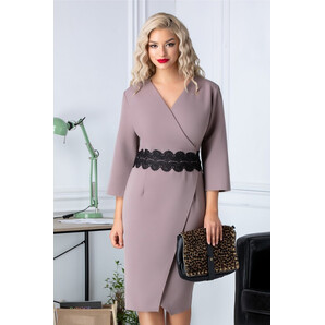 Rochie Girona office lila cu broderie in talie