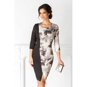 Rochie Ivone neagra cu imprimeu floral bej