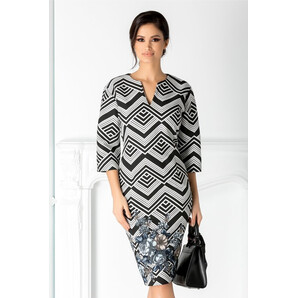 Rochie Lucia neagra cu imprimeu alb in zig-zag