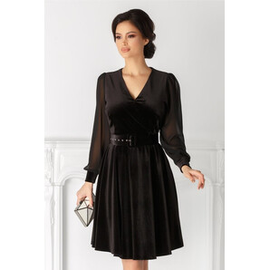 Rochie Lucy neagra din catifea cu maneci din voal