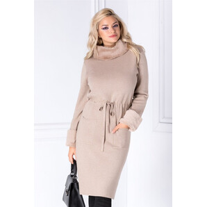 Rochie Mela bej din jerse cu guler si maneci din blanita